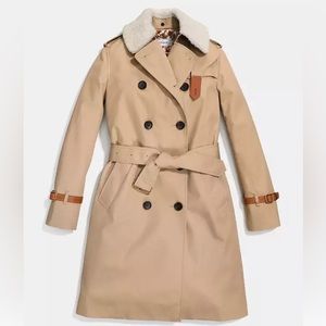 NWT COACH •Rare• Classic Animated Trench Coat with Shearling Collar Size 0